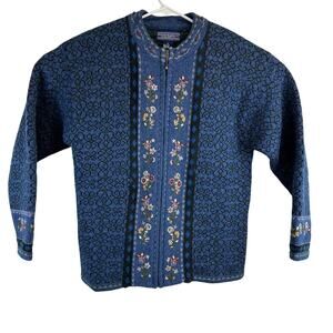 Newton Trading Co Blue Floral Shetland Wool Zip Sweater Womens Medium Grandma